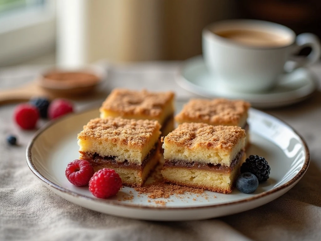 Crumb cake squares served with coffee and fresh berries