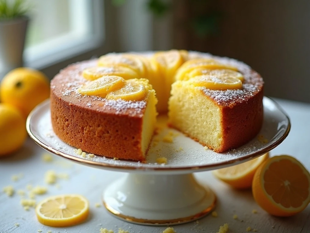 Slices of golden lemon drizzle cake with a crisp lemon-sugar topping