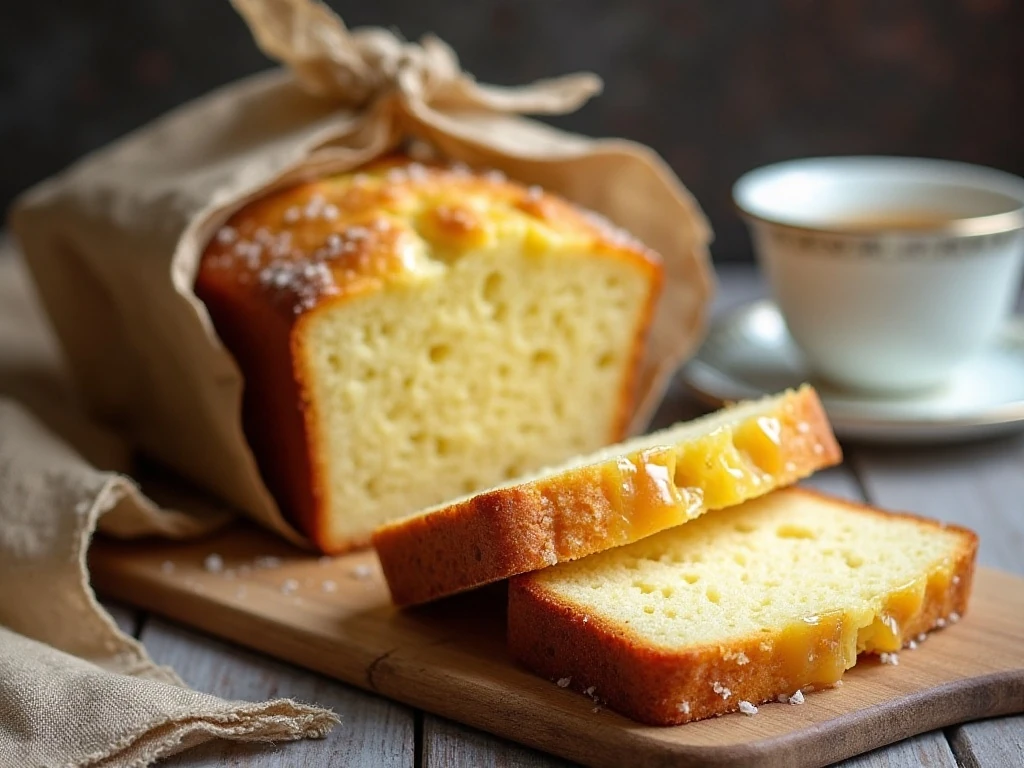 Stored and sliced lemon drizzle cake ready to serve
