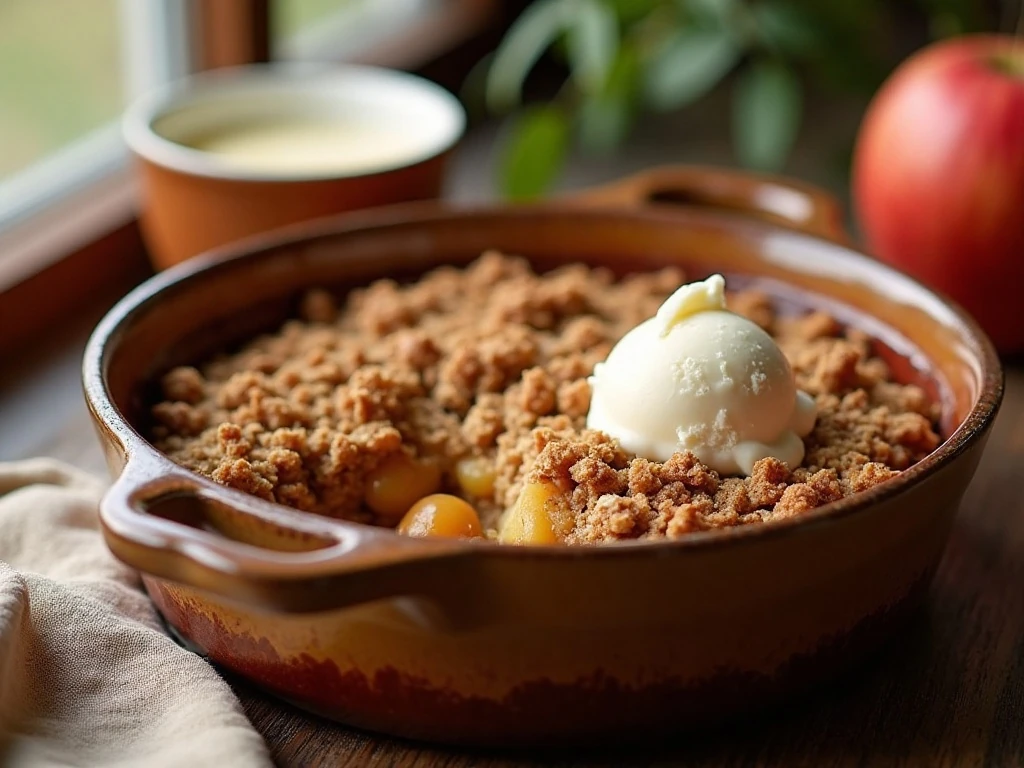 Warm oatmeal apple crisp with cinnamon apples and a golden crisp topping