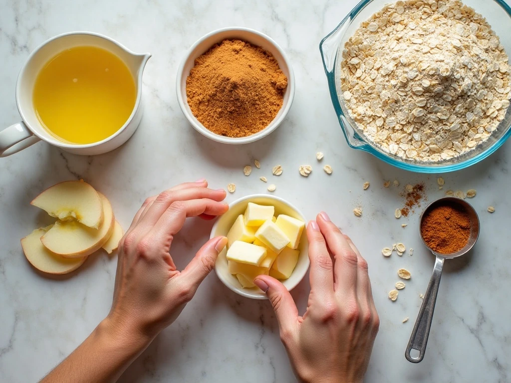 Ingredients for oatmeal apple crisp arranged for baking
