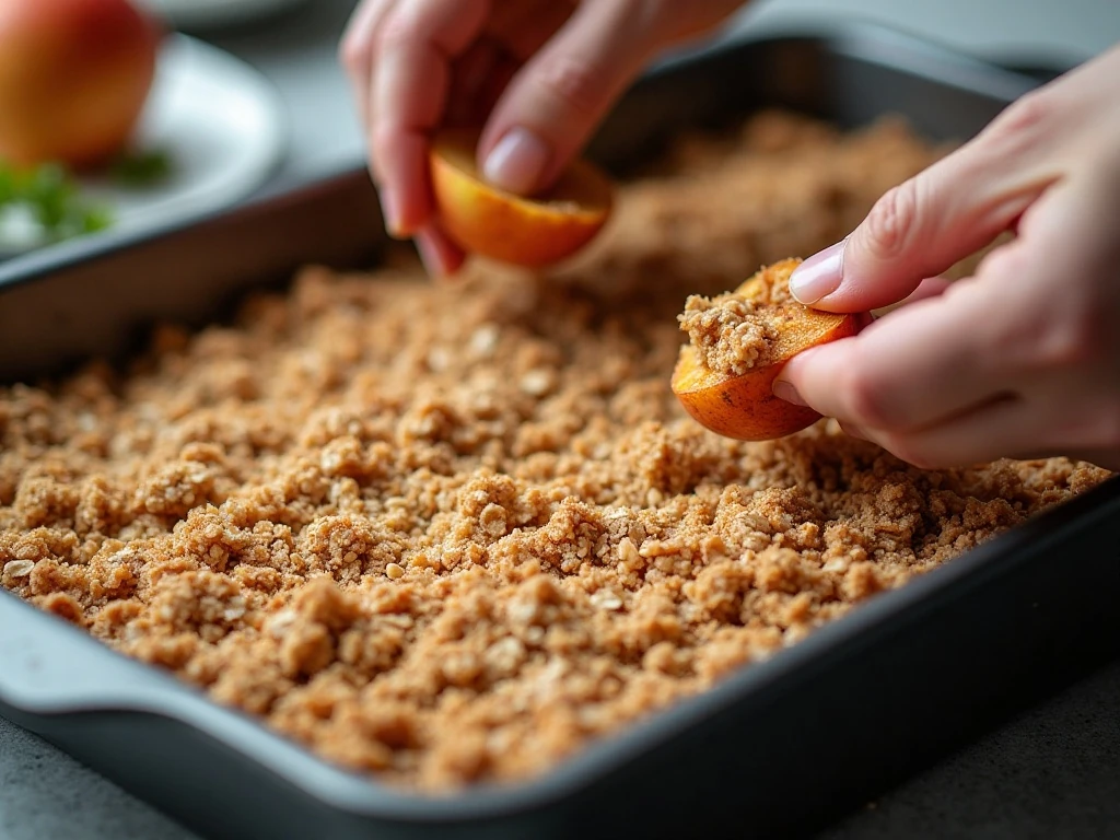 Evenly spreading oatmeal topping over apple filling