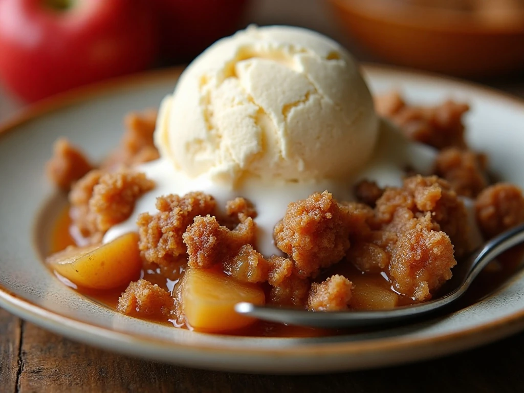 Apple crisp served warm with melting vanilla ice cream