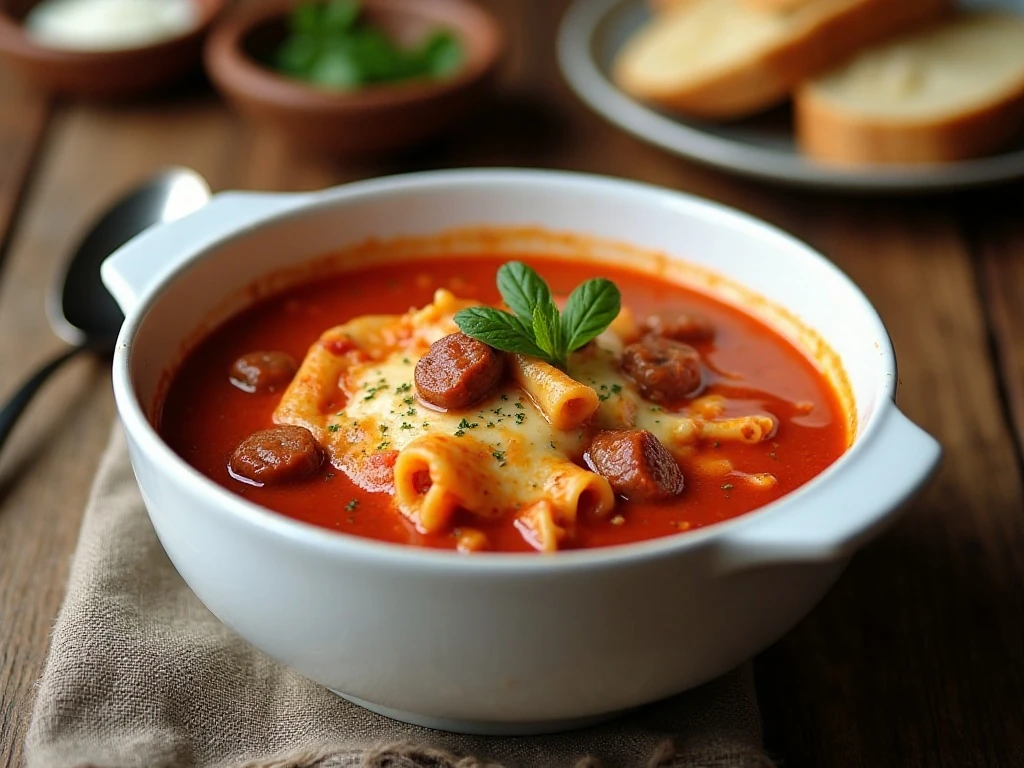 Hearty one-pot lasagna soup with sausage, noodles, and melted cheese