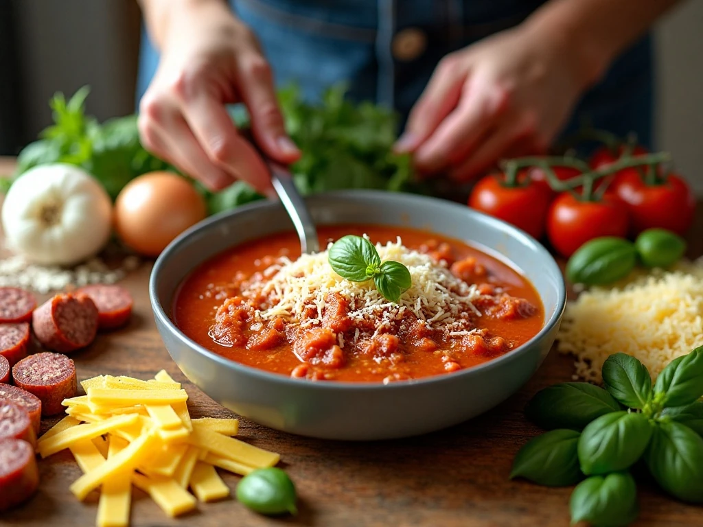 Ingredients for one-pot lasagna soup arranged on a kitchen counter