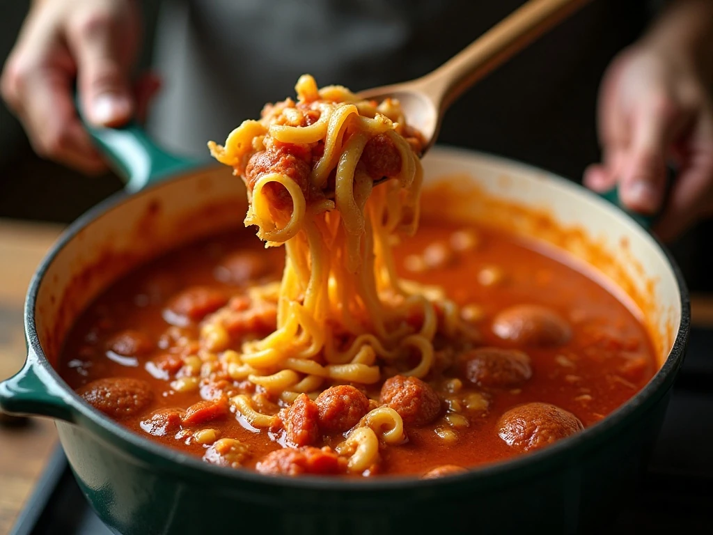 Broken lasagna noodles simmering in tomato broth