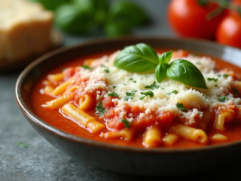 Lasagna soup topped with ricotta, mozzarella, Parmesan, and fresh basil