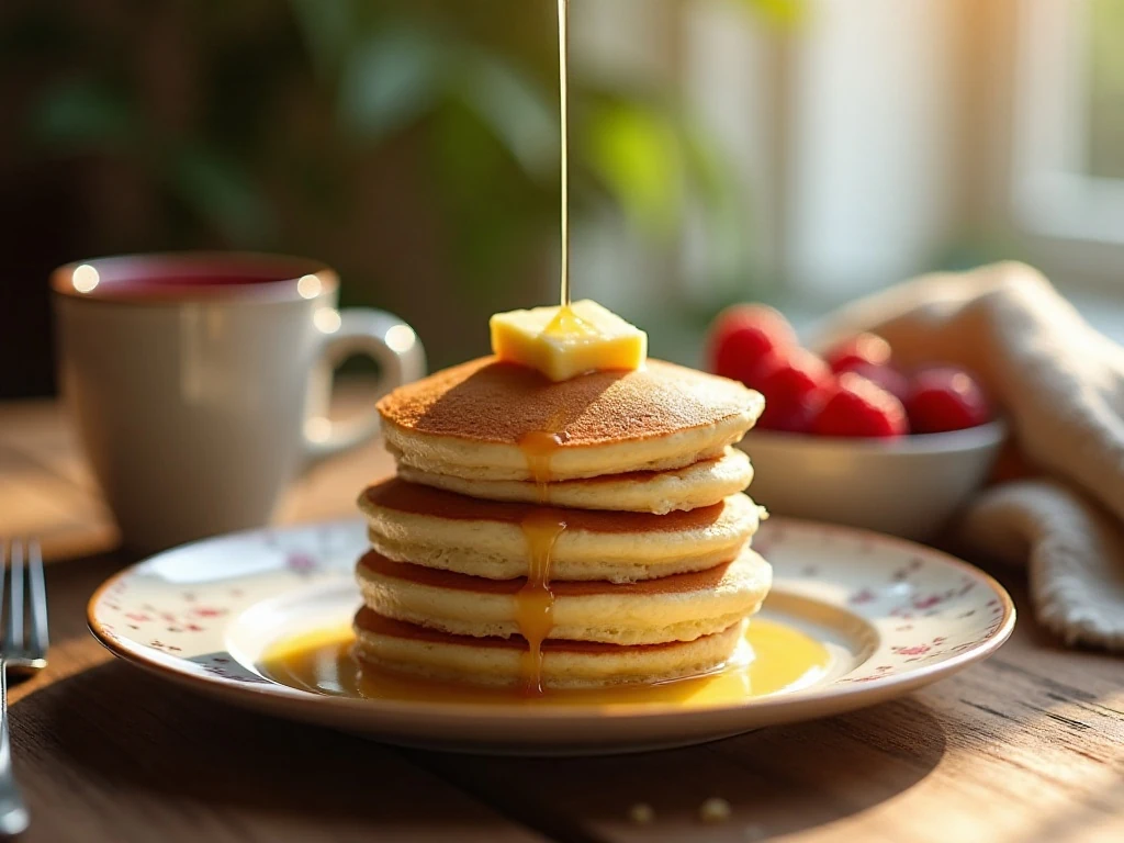 Stack of fluffy homemade pancakes with butter, maple syrup, and berries