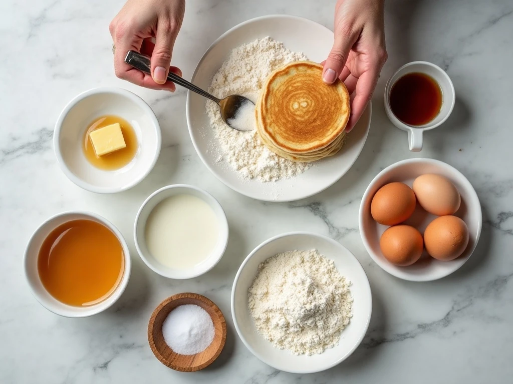 Ingredients for fluffy homemade pancakes arranged on a counter