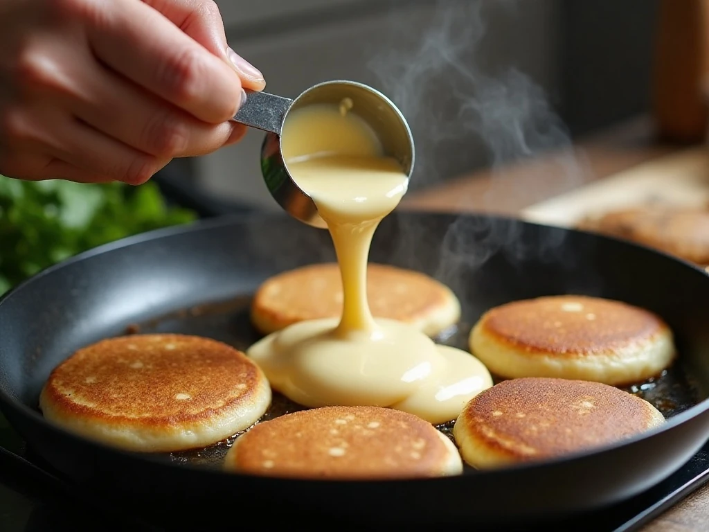 Pouring pancake batter into a hot skillet