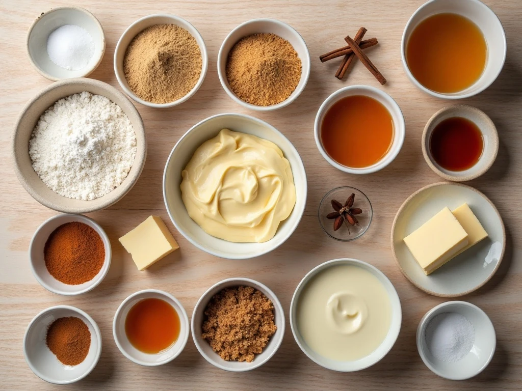 Ingredients for pumpkin cake with bourbon cream cheese frosting arranged for baking