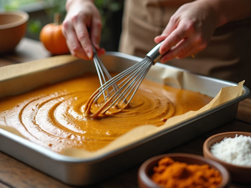 Pumpkin cake batter being mixed before baking