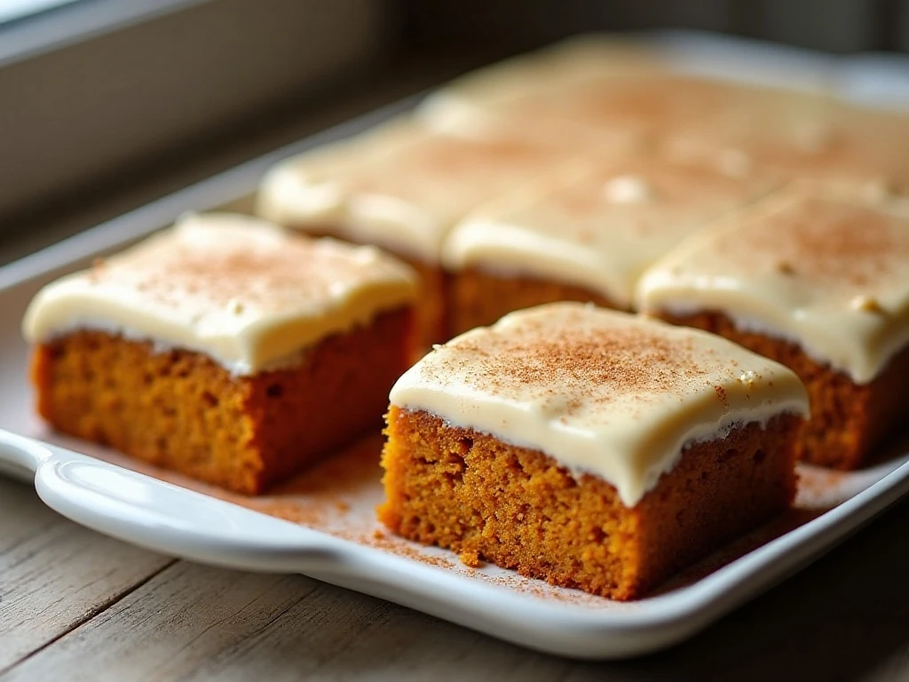 Pumpkin cake squares topped with bourbon cream cheese frosting on a serving platter