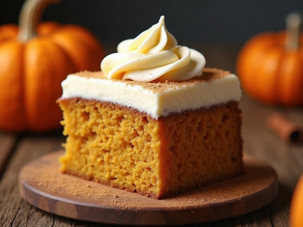 Close-up of moist pumpkin cake crumb and creamy bourbon frosting