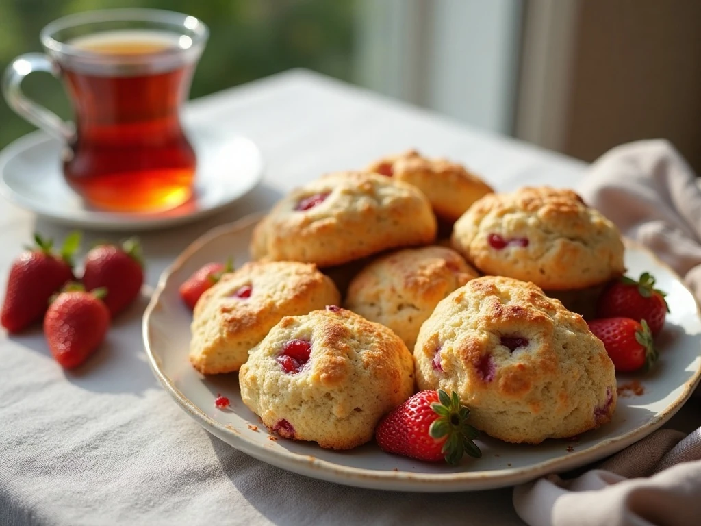Fresh strawberry scones arranged for breakfast