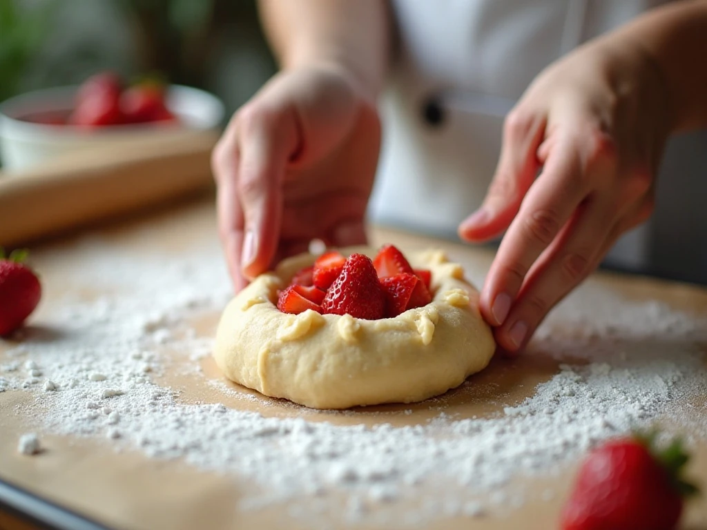 Shaping strawberry scone dough before cutting