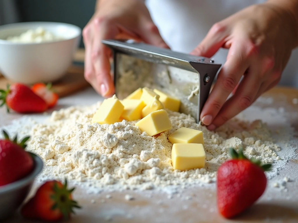 Cold butter pieces creating flaky scone layers