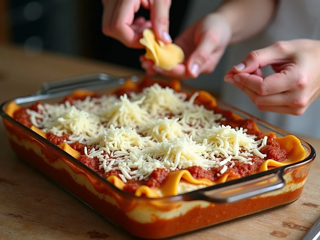 Layering noodles, ricotta, meat sauce, and mozzarella for lasagna