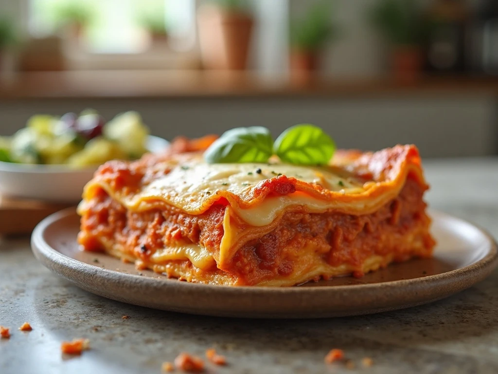 Stored leftover lasagna portion ready for reheating