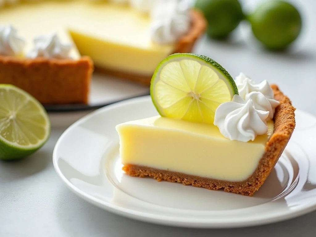 Slice of creamy Key lime pie with graham cracker crust and whipped cream