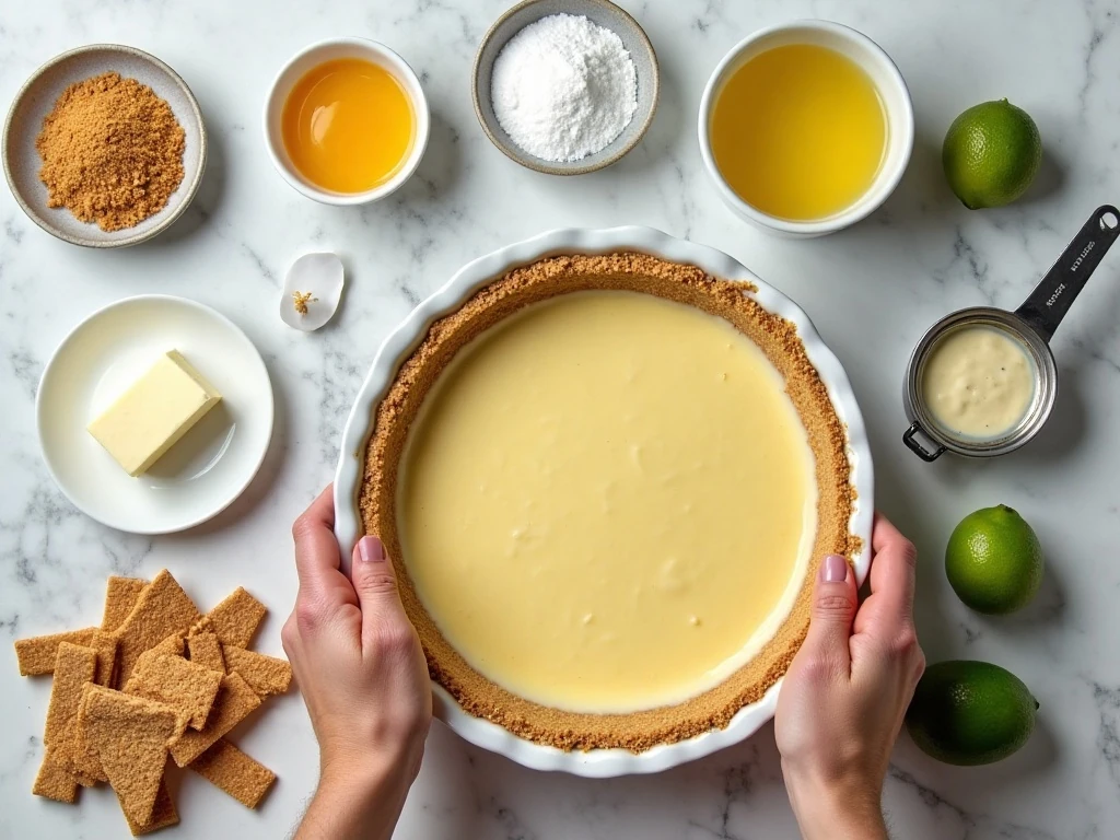 Ingredients for homemade Key lime pie arranged on a counter