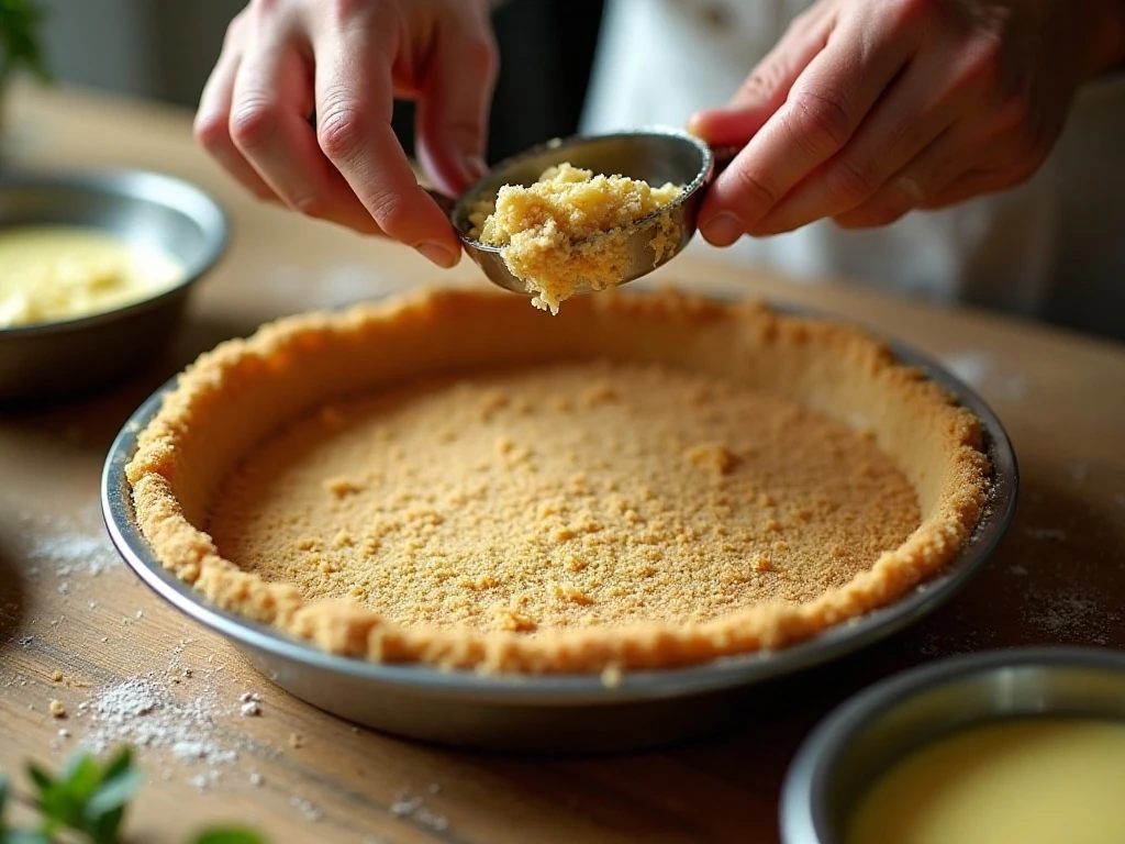 Pressing graham cracker crust mixture into a pie plate