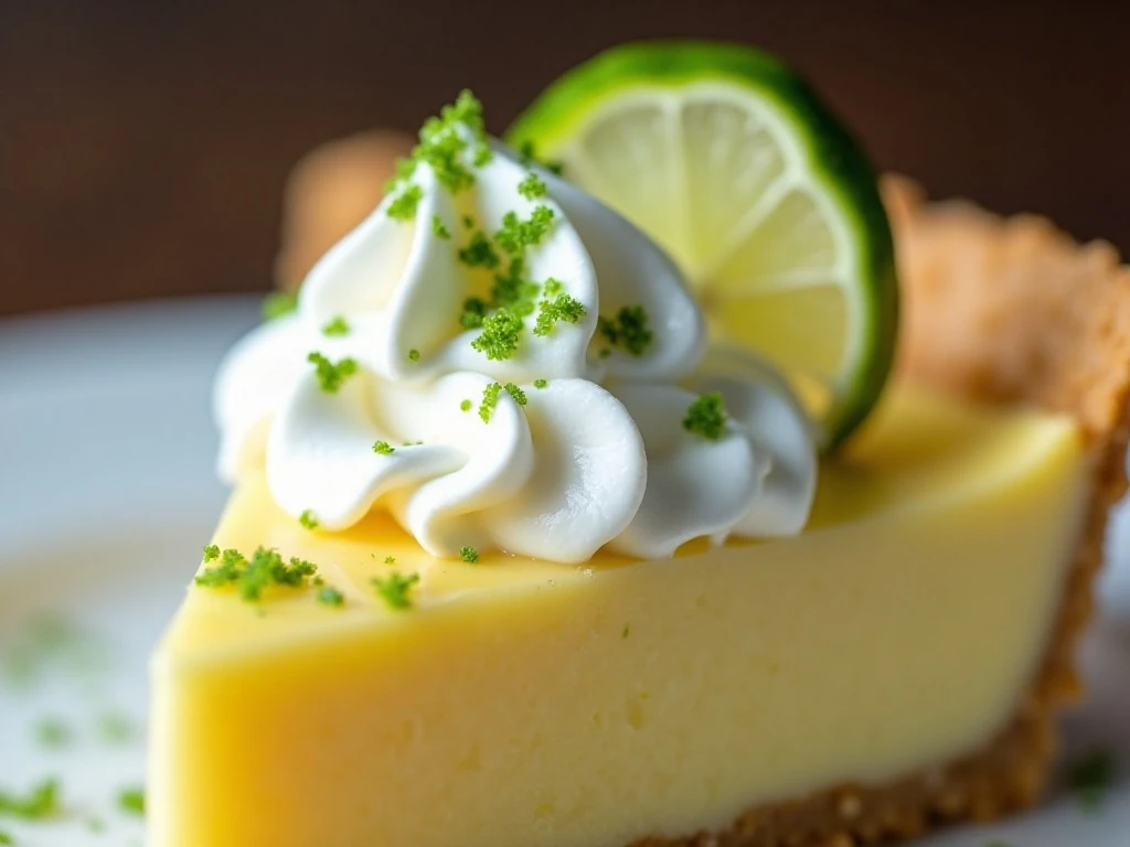 Key lime pie slice topped with whipped cream and lime zest