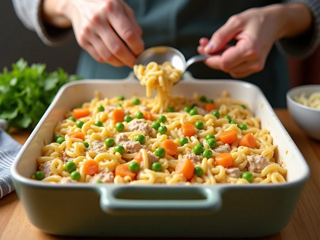 Mixing ingredients for turkey casserole before baking