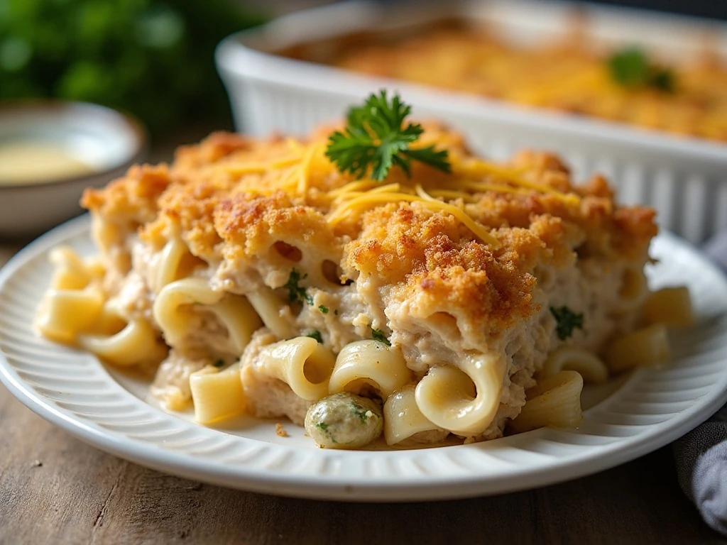 Golden baked leftover turkey casserole ready to serve
