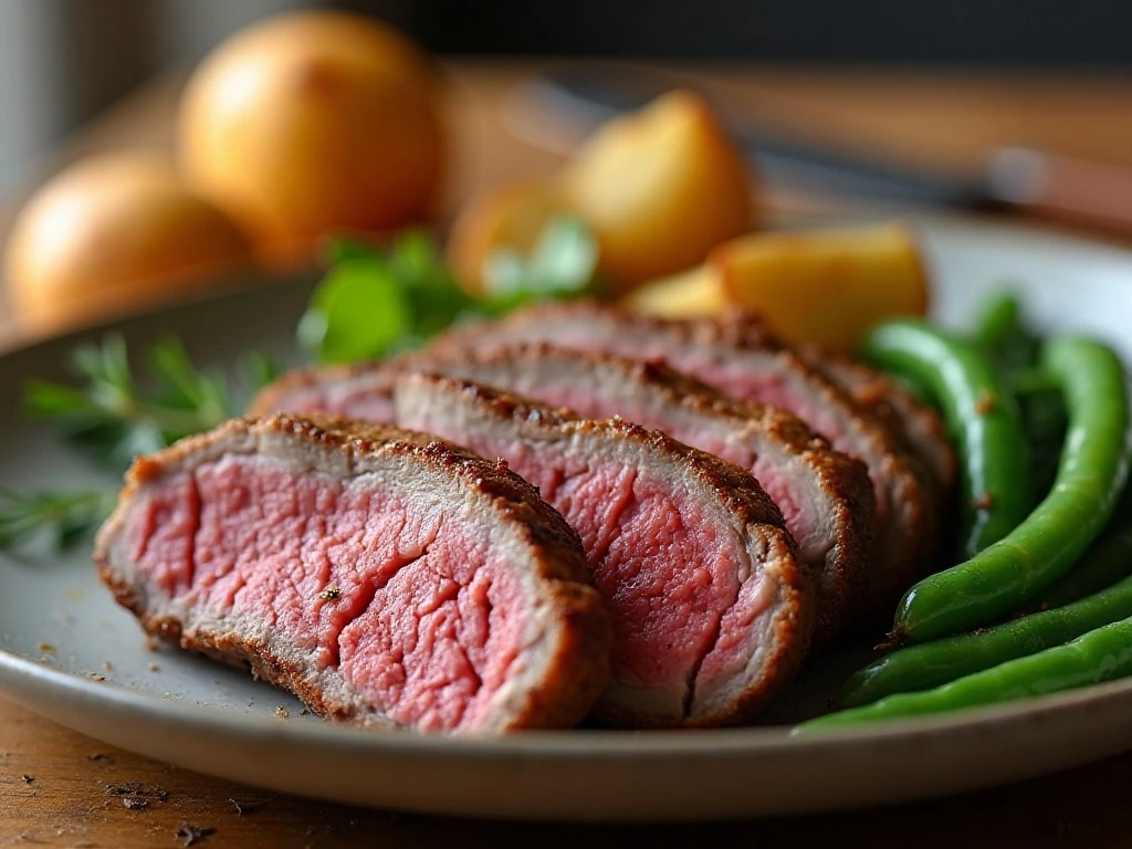 Tender sliced London broil served with roasted potatoes and green beans