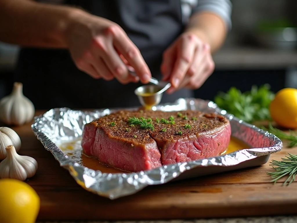 Top round steak prepared for broiling on a foil-lined pan