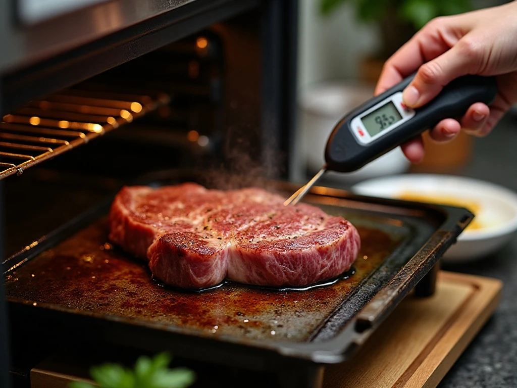 Instant-read thermometer checking the temperature of broiled London broil