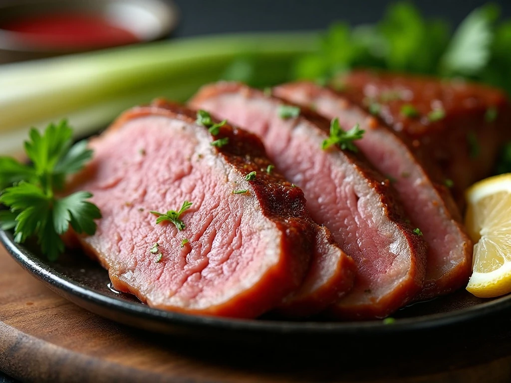 Thinly sliced London broil garnished with parsley and lemon