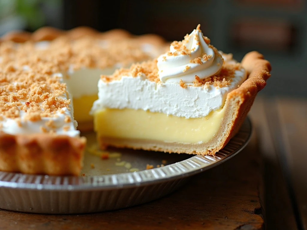 Old-fashioned coconut cream pie with whipped cream and toasted coconut