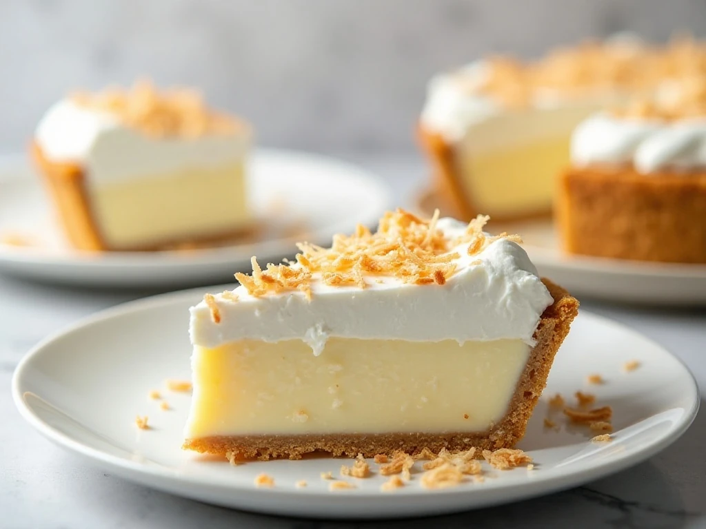 Clean slice of chilled coconut cream pie ready to serve