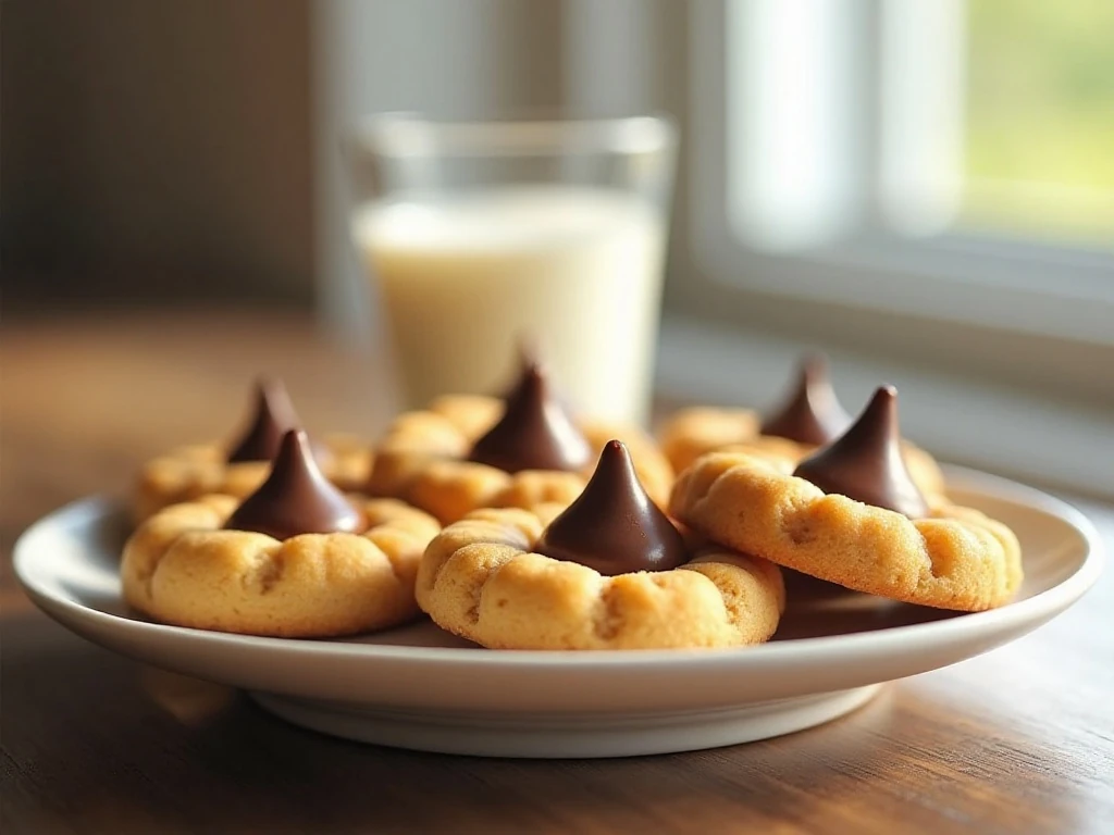 Platter of homemade peanut butter blossoms cookies with chocolate centers