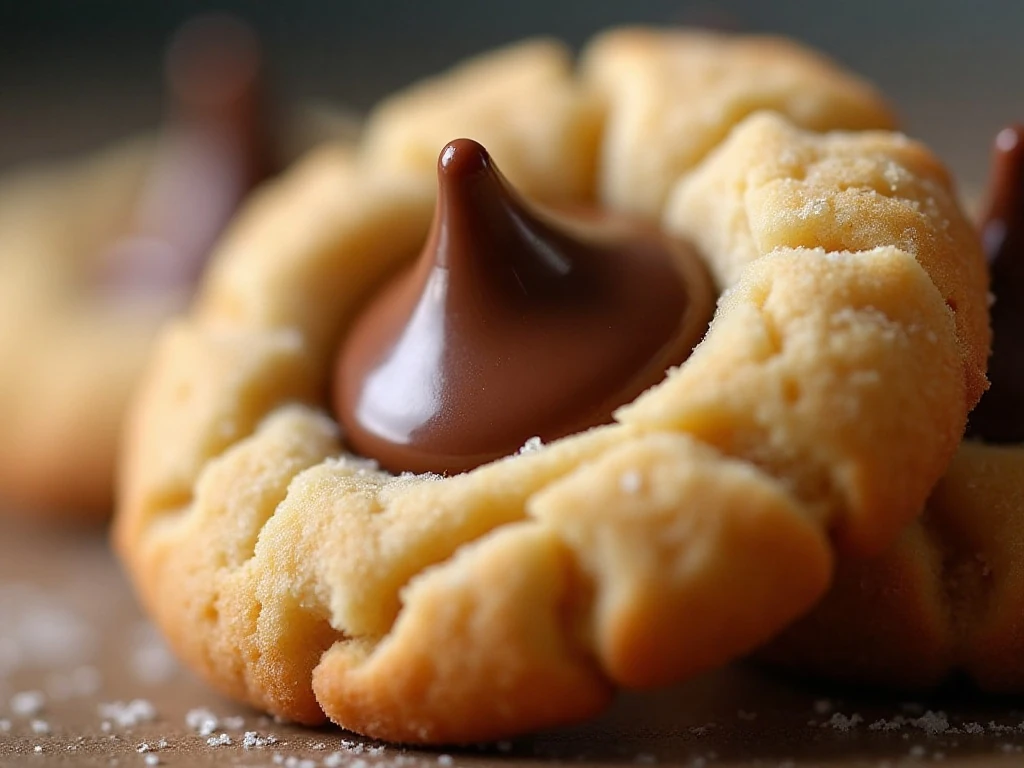 Close-up of a soft peanut butter blossom cookie with chocolate kiss