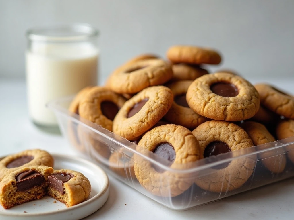Stored and served peanut butter blossoms cookies with milk