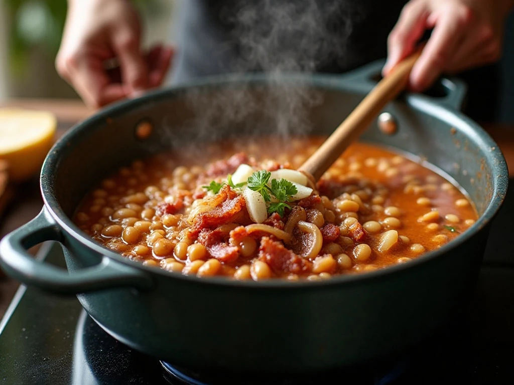 Pinto beans and aromatics simmering in a heavy pot