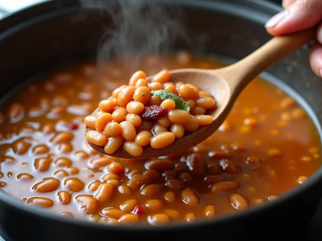 Pinto beans gently simmering in seasoned broth