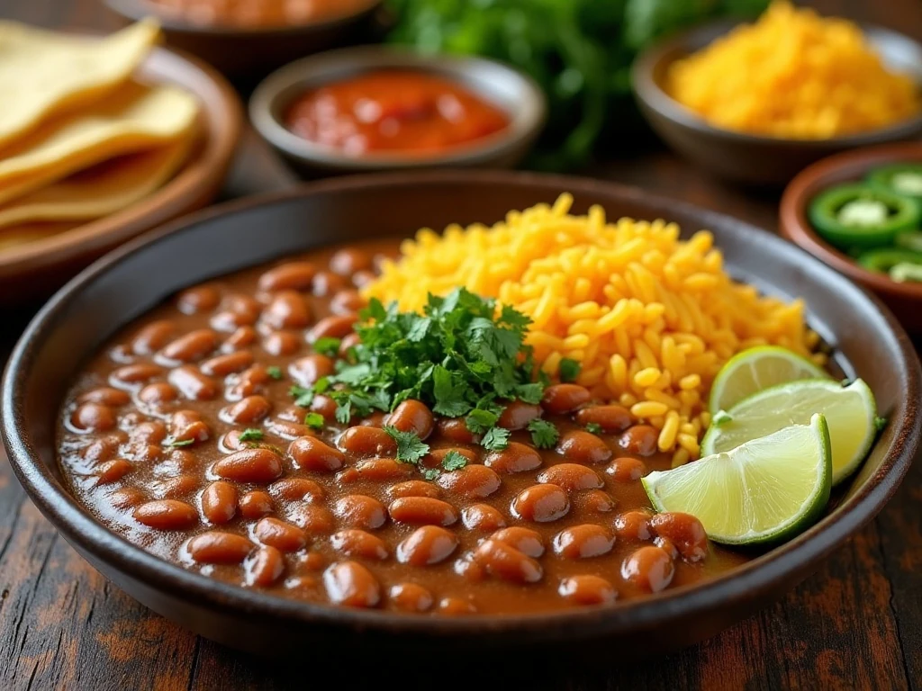 Pinto beans served with cornbread, rice, tortillas, and toppings