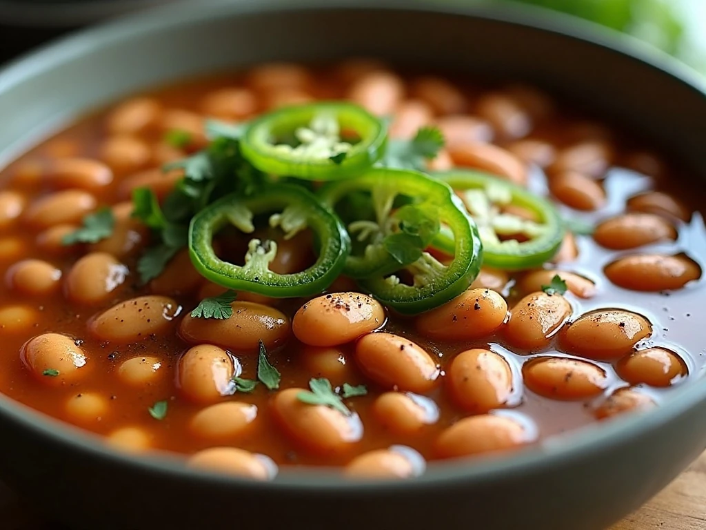 Reheated pinto beans with cilantro and jalapeno garnish