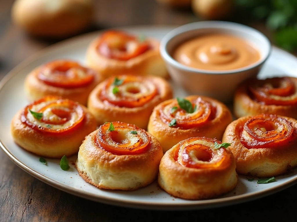 Golden homemade pizza rolls arranged on a platter with pizza sauce