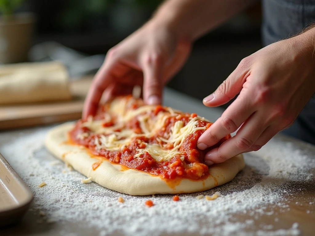 Rolling pizza dough with sauce cheese and pepperoni for pizza rolls