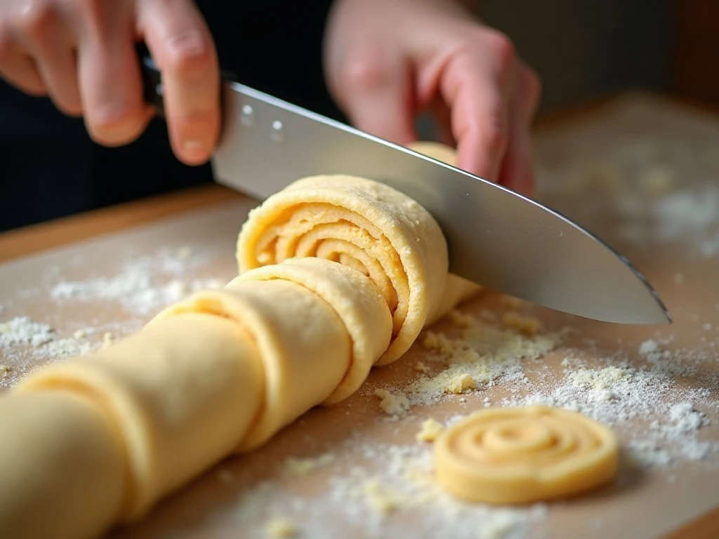 Slicing a chilled pizza roll log into even pieces