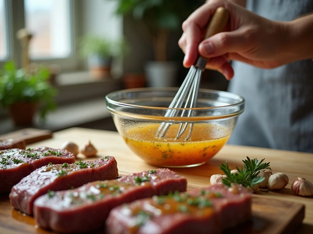 Whisking the homemade steak marinade before refrigerating the steaks