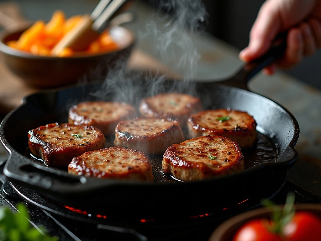 Steaks searing over high heat for a browned crust