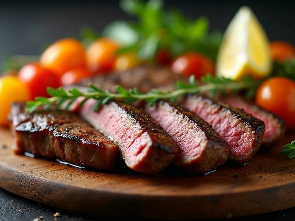 Sliced marinated steak garnished with herbs and served with vegetables