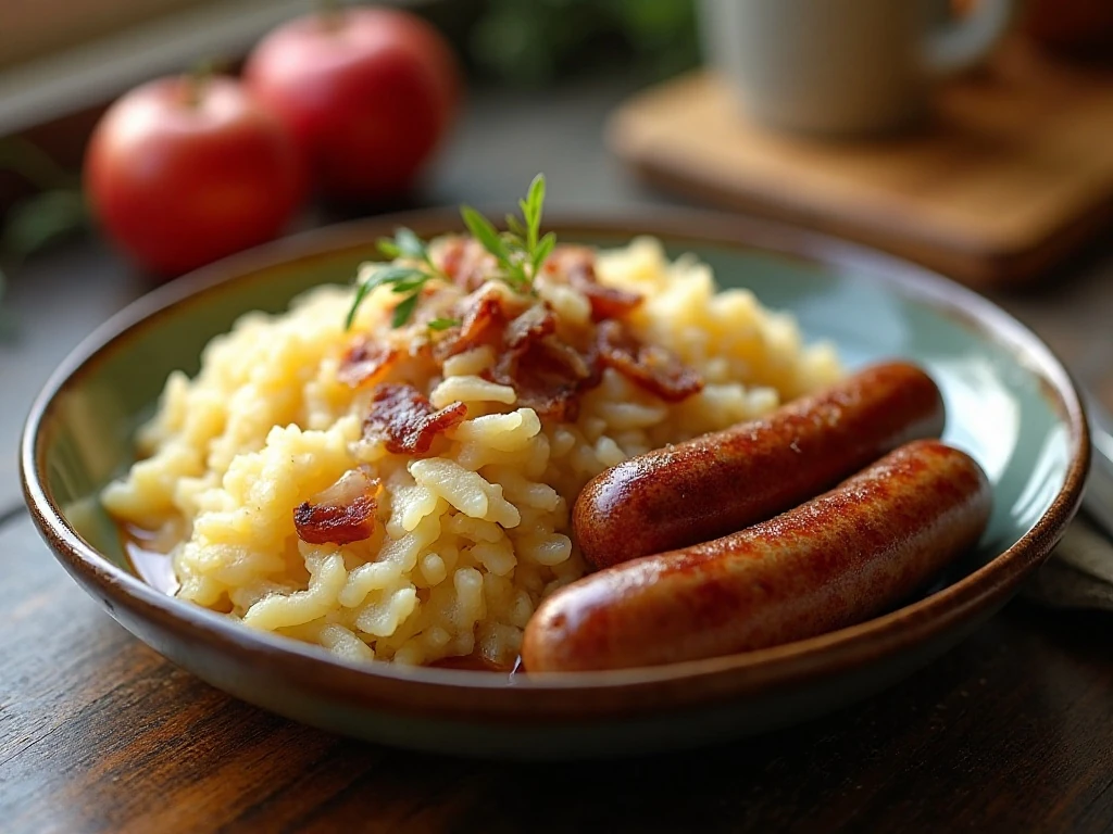 Sauerkraut with bacon, apple, sausages, and mashed potatoes