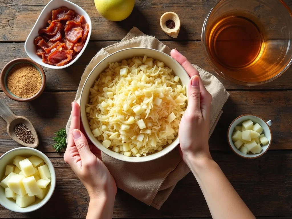 Sauerkraut simmering with bacon, onion, and apple in a Dutch oven